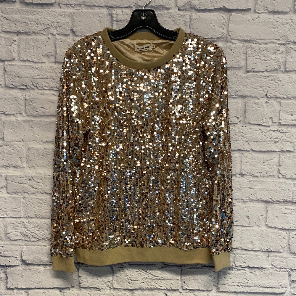 NWT Anna-Kaci Sequin Sparkly Pullover Sweatshirt in Champagne Size Small